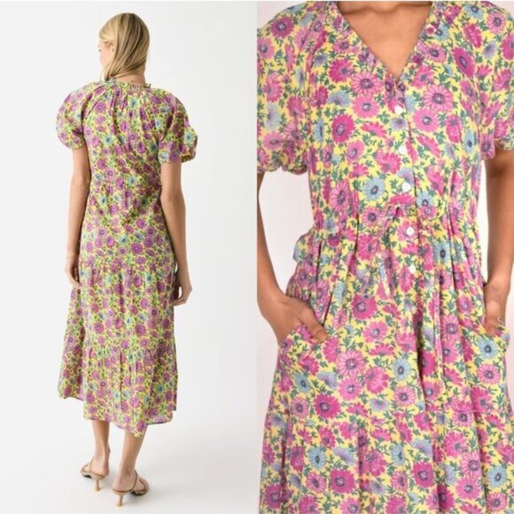 Banjanan NWT Poppy Puff Sleeve Daisy Floral Maxi Dress Size XS Yellow Purple - Picture 3 of 11